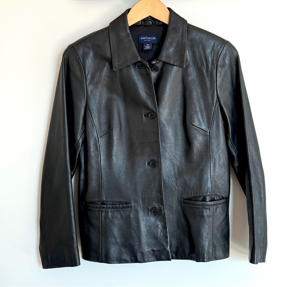 Vintage Ann Taylor Black 100% Genuine Leather Jacket Size SP Small Petite
